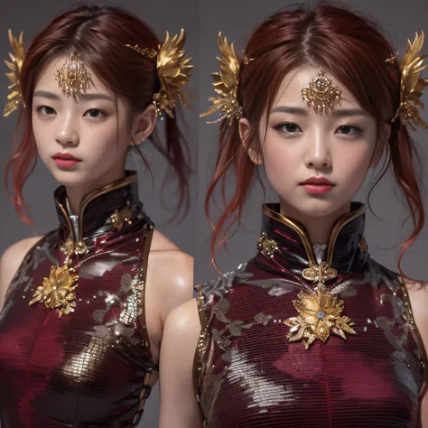 32K gradient glass texture（tmasterpiece，k hd，hyper HD，32K）Short burgundy hair，Short flowing hair，Onsen District，Flame Girl ，Yao Lang protector （realisticlying：1.4），Python pattern robe，Black gold master Kawashima work headdress，Snowflakes fluttering，The bac...