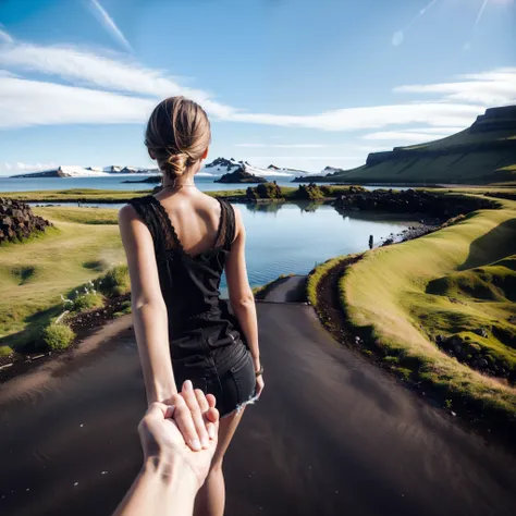 1girll，ultra - detailed，A high resolution，tmasterpiece，By_Style，bf_Holding_Hands，1 Girl holding hands with audience，Take a walk in Iceland