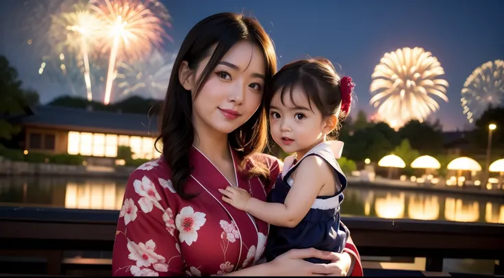 photo of brilliant Fireworks set off over the beautiful busty mother in blue yukata and beautiful busty daughter in red yukata, photorealistic, photorealism