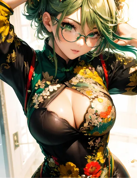 anime - style image of a woman with green hair and glasses, anime character; full body art, seductive anime girl, anime girl cosplay, with glasses, tatsumaki from one punch man, extremely detailed artgerm, beautiful alluring anime woman, ornate cosplay, an...