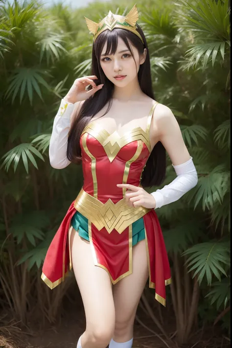 women's cosplay、the costume is gorgeous wonder woman with moss green and gold decorations