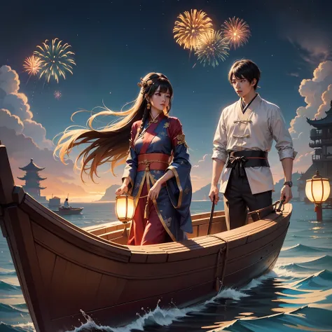 Fireworks on the sky, couple of youngman and young woman in an ancient boat on the water, wearing hanfu, Song dynasty, ancient Chinese hairstyles, coastal line of an ancient Chinese town, fireworks reflecting in water, other boats far away, night time, noc...