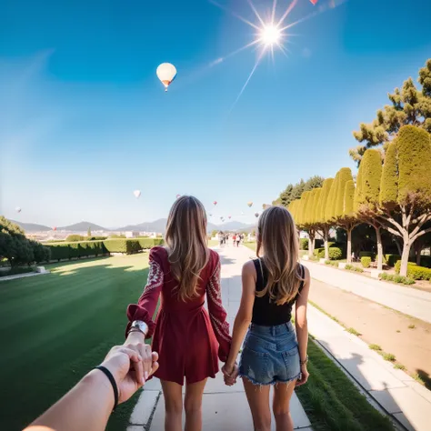 1girll，ultra - detailed，A high resolution，tmasterpiece，By_Style，bf_Holding_Hands，1 Girl holding hands with audience，Take a walk in Turkey，There are hot air balloons in the sky