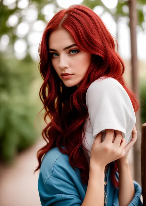 Woman with red hair and blue eyes posing for photo, soft portrait shot 8 k, shot with Canon EOS R 5, photographed in a Canon EOS R5, captured on canon eos r 6, Soft lighting and focus, shot with Nikon Z9, 8k artgerm bokeh, portrait of a beautiful model, sh...