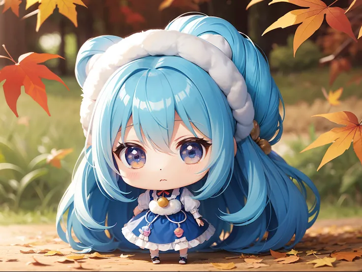 Chibichara　long hair with blue hair((Chibi Chara))、Fluffy、girl with、Chibi Chara、full body Esbian、Pastel colors hair、masutepiece、top-quality、Background of autumn leaves、There are also cute bears。