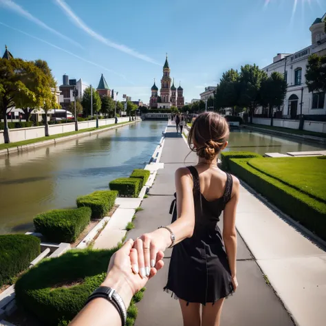 ultra - detailed，A high resolution，tmasterpiece，By_Style，bf_Holding_Hands，1 Girl holding hands with audience，Take a walk next to the Kremlin