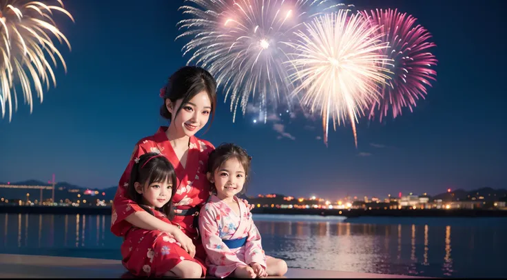 photo of brilliant Fireworks set off over the beautiful mother in blue yukata and beautiful daughter in red yukata, photorealistic, photorealism