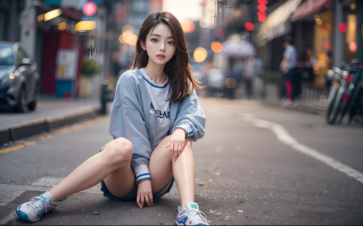 8k, top-quality, （pubic hair beauty）、hight resolution, realisticlying, realperson, Asian woman in araffa sitting on the curb of the street of the city, bra and shorts streetwear, photo of slim girl model, sexy girl wearing shorts, Sexy Girl, gorgeous chine...