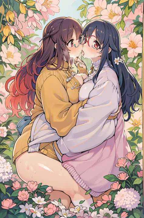 Two-dimensional girl enjoying flowers、huge-breasted、big round glasses、bbw,Large Thigh、Two girls、embracing each other、Deep kissing、the kiss、lesbian、red blush