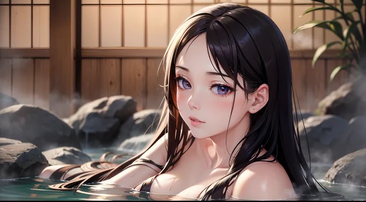 NSFW, Oil Painting, masutepiece, Full Front Portrait, Super lascivious beautiful girl, Soak in the hot springs,  Dynamic Pose, Old-fashioned onsen inn, Dreamy haze of fog, The images are realistic and ultra-high definition, Shoot with manual focus showing ...