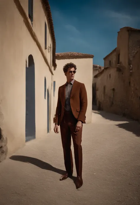 Un homme Handom (en rouge:1:1), (Dans le style de Patrick Demarchelier). porter une veste, Grand et en forme, (40 ans:1.1), (shaven:1.2), (short brown hair and a little curly:1.5),(very short hair:1.6). in the style of ethereal beauty, Realistic blue sky, ...