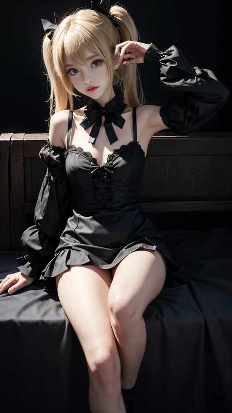 misa amane, Death, Blonde, Twin tail hair, Black Ribon, gothic dress, Short skirt, no sleeves, Holding a DEET Note in your hand、1girll,（Captivating quality：1.4），（True textured skins of the highest quality), Delicate face,Black hair, Gradient Hair, petite b...