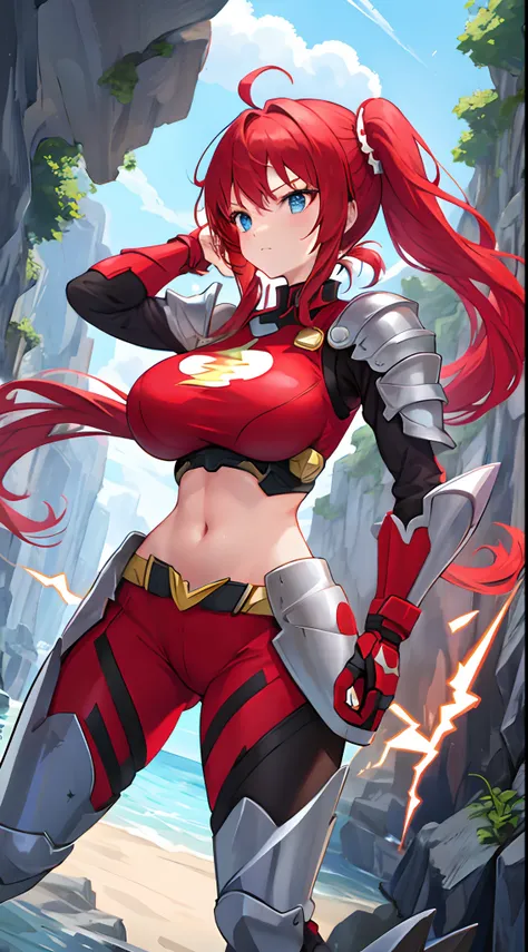 Girl, big boobs, red hair, long hair, ponytails, milf, armor, cave, flash