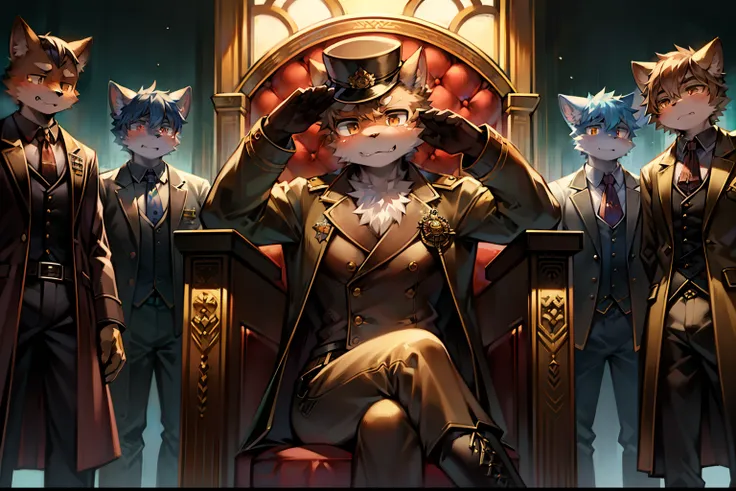 Gato macho estilo Kemono, wearing brown overcoat and steampunk hat, com olhos amarelos e pele laranja, cold expression on his face, sitting on a throne in a palace, soldados (com fuzis) ao seu redor (Salute), 4k, master part, Dark lighting