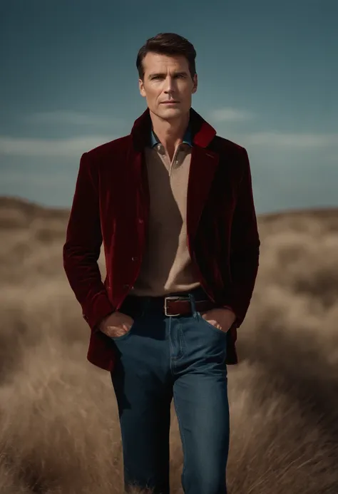 A handsom man in red, the style of patrick demarchelier. wearing a red velvet jacket and blue jeans , Tall and fit, (40 years old:1.1), (shaven:1.2), (short brown hair and:1.5),(very short hair:1.6). in the style of ethereal beauty, realistic blue skies, h...