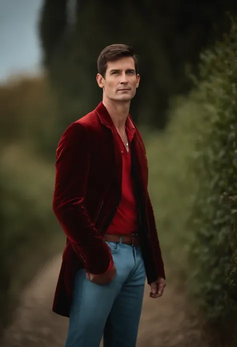 A handsom man in red, the style of patrick demarchelier. wearing a red velvet jacket and blue jeans , Tall and fit, (40 years old:1.1), (shaven:1.2), (short fine brown hair and:1.5),(very short hair:1.6). in the style of ethereal beauty, realistic blue ski...