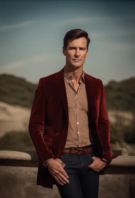 A handsom man in red, the style of patrick demarchelier. wearing a red velvet jacket and blue jeans , Tall and fit, (40 years old:1.1), (shaven:1.2), (short fine brown hair and:1.5),(very short hair:1.6). in the style of ethereal beauty, realistic blue ski...