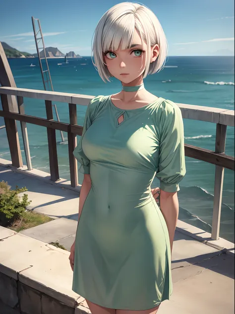 Tia is a solitary girl with short white hair styled in a bob cut straight white eyebrows and sleepy eyes mint green fish body rectangle olive skin tone medium sized ass and breasts standing looking out over the sea from a bridge Superior quality Highly det...