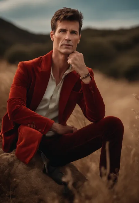 A handsom man in red, the style of patrick demarchelier. wearing a red velvet jacket and blue jeans , Tall and fit, (40 years old:1.1), (shaven:1.2), (short  brown hair:1.5),(very short hair:1.6). in the style of ethereal beauty, realistic blue skies, hass...