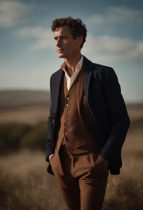 Un homme Handom (en rouge:1:1), (Dans le style de Patrick Demarchelier). porter une veste, Grand et en forme, (40 ans:1.1), (shaven:1.2), (short brown hair and a little curly:1.5),(very short hair:1.6). in the style of ethereal beauty, Realistic blue sky, ...