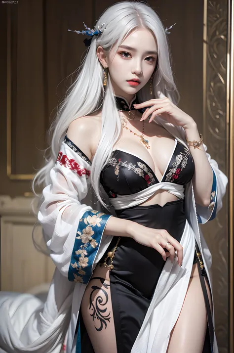 Photorealistic, high resolution, 1 woman, Hips up, Beautiful eyes, Long hair, ringed eyes, jewelry, tattoo, white hair, hanfu