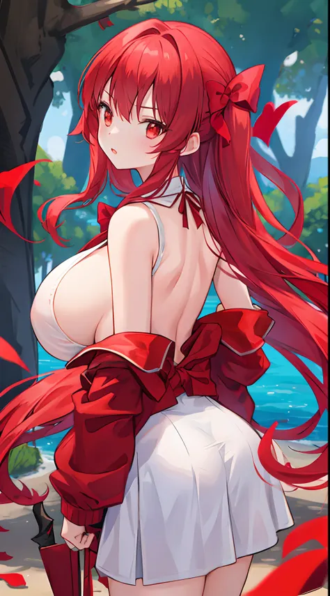 Girl, big boobs, red hair, long hair, bow, archer, back