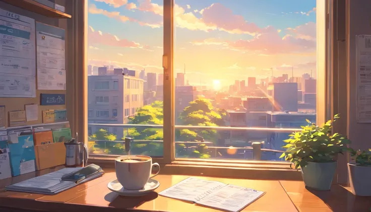 view from the window, morning, sunny day, study environment, newspaper, 
 coffee cup, notebook, mac book, focus on the coffee cup, slightly blurred background, environment integrated with the work room