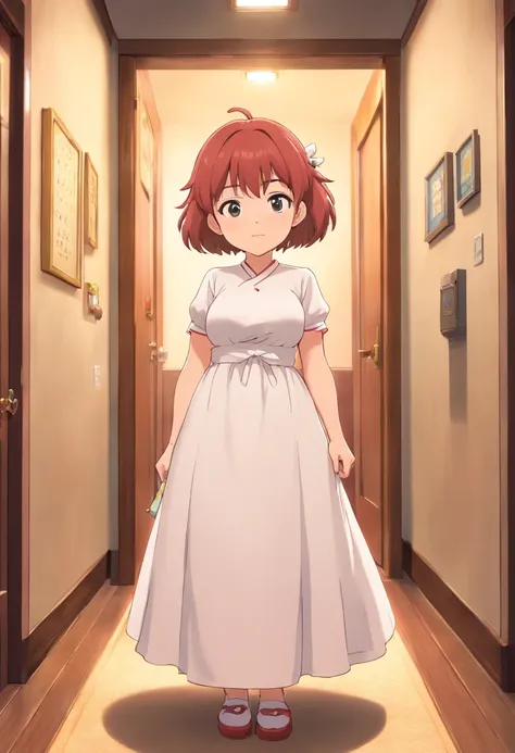 Anime girl in a white dress stands in the hallway, thicc, small curvy loli, oppai, seductive anime girl, Very_Detailed!!, she has a jiggly fat round belly, Heavy hinge, Covering the breasts and SFW, shikamimi, Corner closure, by Kamagurka, pixiv 3dcg, Deta...