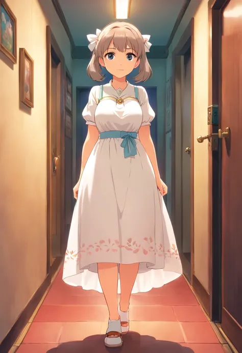 Anime girl in a white dress stands in the hallway, thicc, small curvy loli, oppai, seductive anime girl, Very_Detailed!!, she has a jiggly fat round belly, Heavy hinge, Covering the breasts and SFW, shikamimi, Corner closure, by Kamagurka, pixiv 3dcg, Deta...