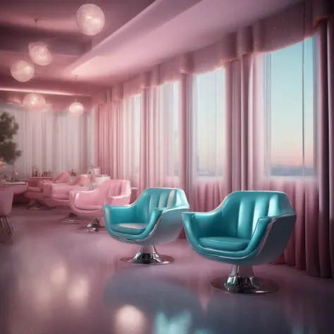 1970s, hairdresser salon, pink and soft light blue armchairs with silver glittering finishes, magical atmosphere, glitters, shiny stars and bokeh, pastel colored curtains, vintage, retro futuristic, cinematic, 8k, depth of field, studio light, silk