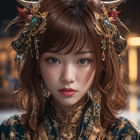 32K gradient glass texture（tmasterpiece，k hd，hyper HD，32K）Short burgundy hair，Short flowing hair，Onsen District，Flame Girl ，Yao Lang protector （realisticlying：1.4），Python pattern robe，Black gold master Kawashima work headdress，Snowflakes fluttering，The bac...