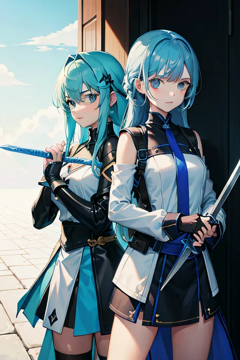 2 girl with two blue sword