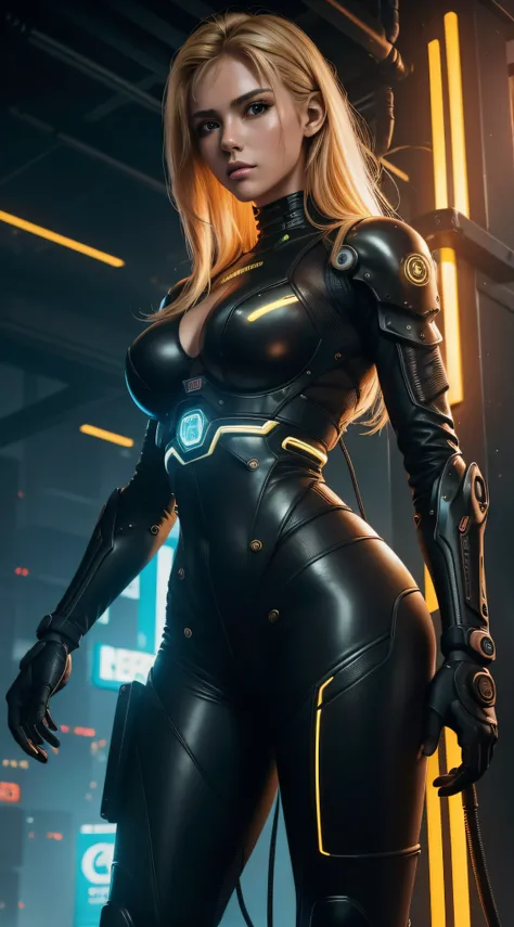 (extremadamente detallado, obra maestra, La mejor calidad), intense illumination, mujer joven rubia dentro de exoesqueleto cyberpunk. luces de neon, cables, entorno industrial. armamento pesado, Giant fists. garras en los brazos roboticos.