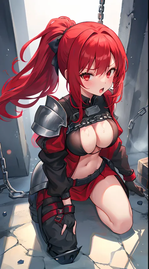 Girl, big boobs, red hair, long hair, ponytails, prison, armored, without clothes, lay, chain, slave, teasing, saliva, soaking, oily