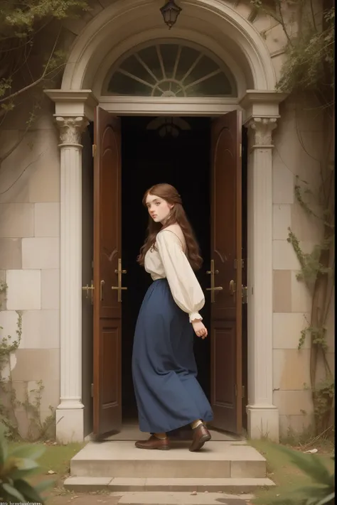 pre-raphaelite scene where the back of a 18-year-old girl, dressed with male clothes in ((1880s)) fashion, approaches a luxurious abandoned mansion with a magical door