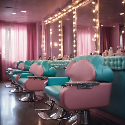 1970s, Close up of a hairstylist working in a hairdresser salon, pink and soft light blue armchairs with silver glittering finishes, magical atmosphere, glitters, shiny stars and bokeh, pastel colored curtains, vintage, retro futuristic, cinematic, 8k, dep...