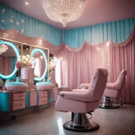 1970s, Close up of a hairstylist working in a hairdresser salon, pink and soft light blue armchairs with silver glittering finishes, magical atmosphere, glitters, shiny stars and bokeh, pastel colored curtains, vintage, retro futuristic, cinematic, 8k, dep...