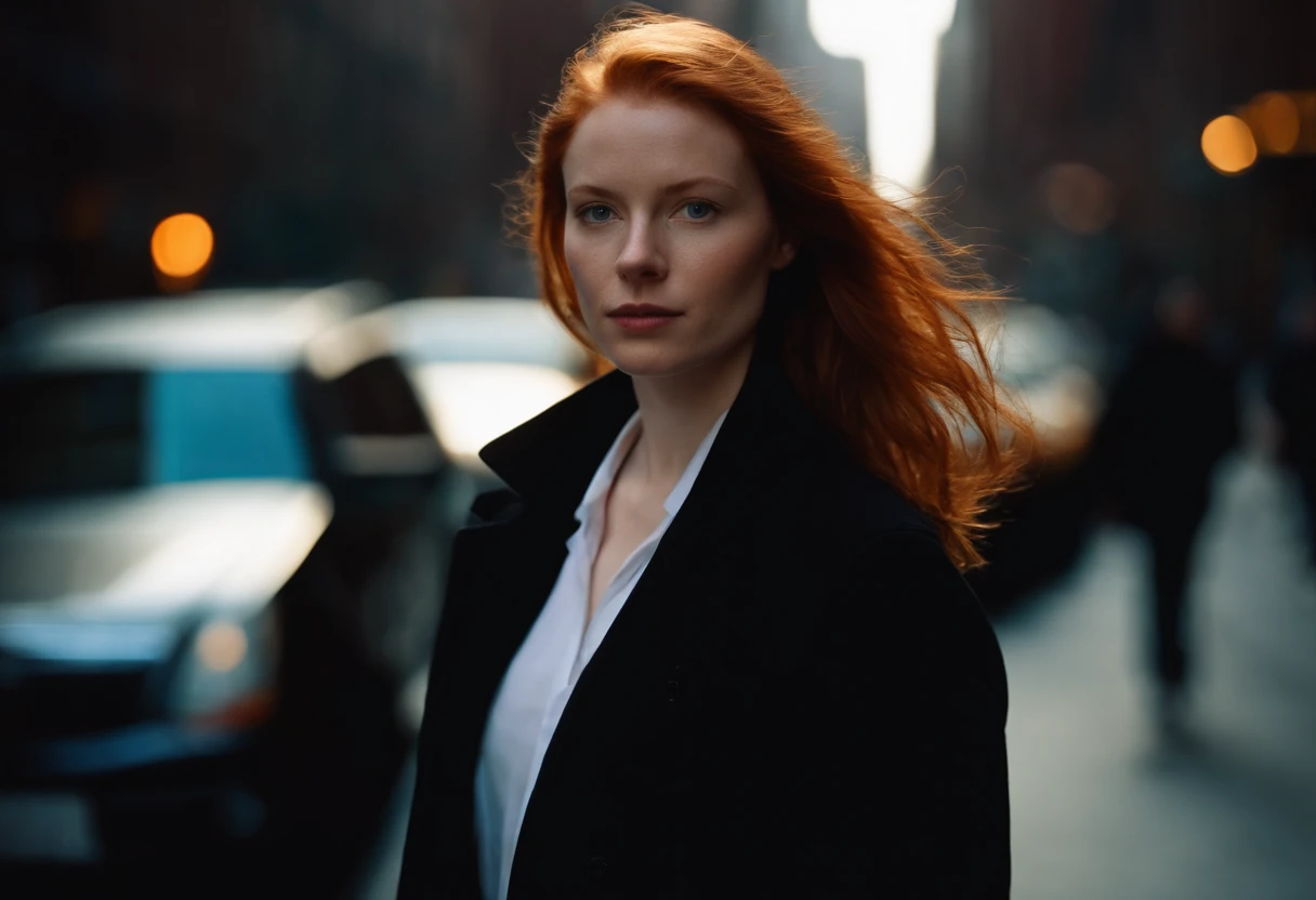 beautiful young woman, 28 year old, ginger hair,floppy hair, cold, (investigative journalist:1,5), dark jacket, white dress shirt, new york city, Photojournalism, 35mm, Kodak Gold 200, Depth of Field, Materiality