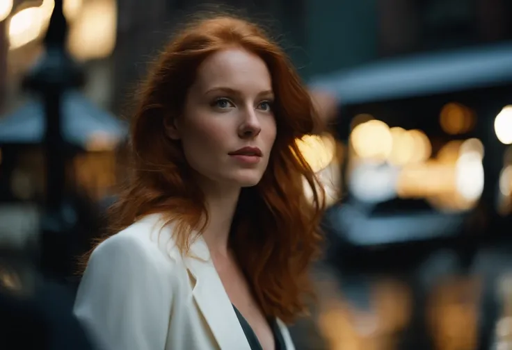 beautiful young woman, 28 year old, ginger hair,floppy hair, cold, (investigative journalist:1,5), dark jacket, white dress shirt, new york city, Photojournalism, 35mm, Kodak Gold 200, Depth of Field, Materiality