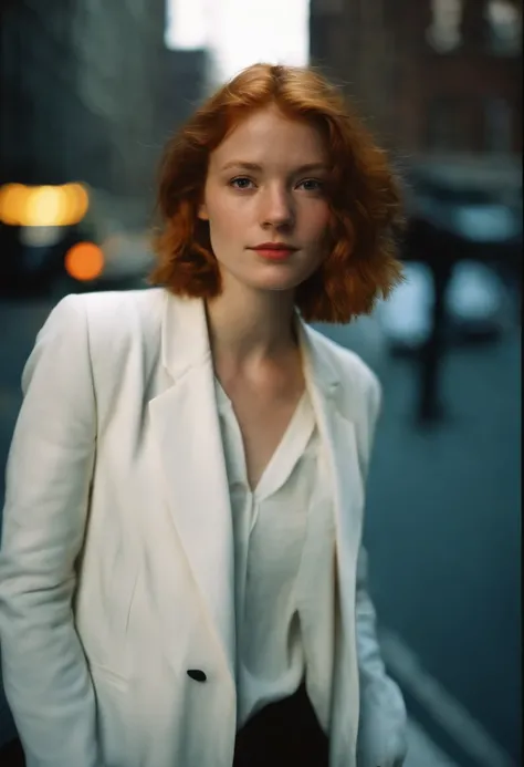 beautiful petite young woman, 18 year old, short ginger hair,floppy hair, cold, (investigative journalist:1,5), dark jacket, white dress shirt, new york city, Photojournalism, 35mm, Kodak Gold 200, Depth of Field, Materiality