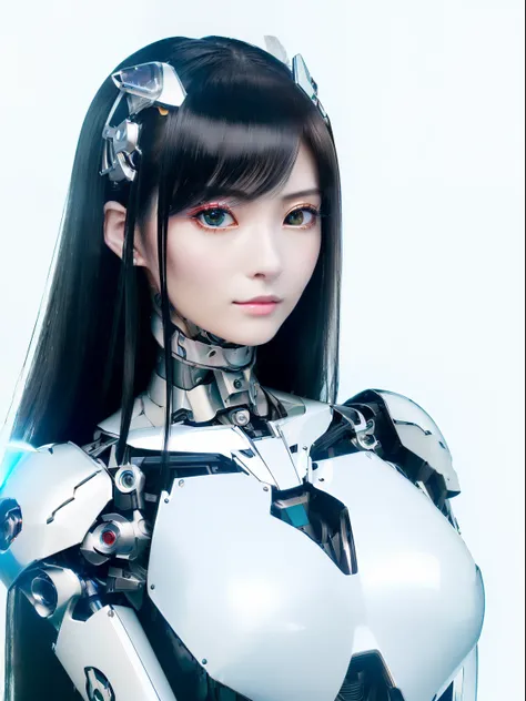 ((masutepiece)), ((top-quality), high quarity、ultra-definition, Realistic,  fulcolor 、One beautiful robot woman、Joints of machines、Frame of the machine、White porcelain armor、Hydraulic cylinder neck、(Curvaceous face)、Aperture feather eyes、deadpan、Long Black...