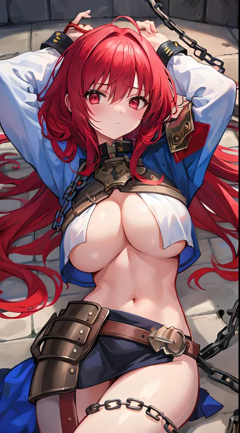 Girl, big boobs, red hair, long hair, prisoner, topless, chain, armored, oily skin, laying