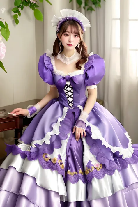 Close up portrait of woman in purple satin dress and white satin gloves, rococo dress, rococo queen, Victorian purple color dress, rococo ruffles dress, dress in the style of rococo, fantasy dress, Lolita style, ethereal fairy tale, Icy Purple Dress, victo...