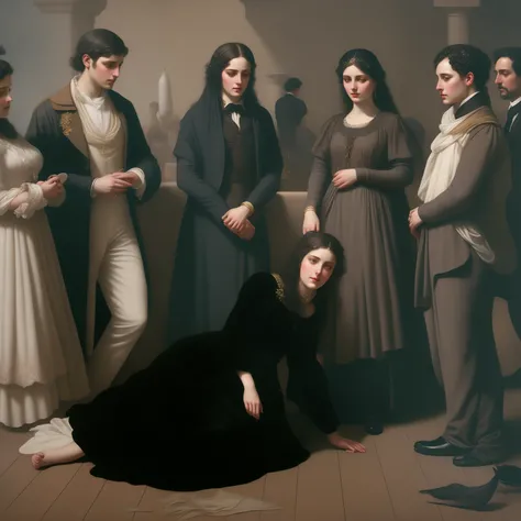 Em 1900, There are many people standing around a woman lying on the ground, inspirado em Francesco Hayez, Kramskoi 4 mil, mourning family, inspirado em Ivan Kramskoi, Davis, inspirado em Vasily Perov, Por Tom Bagshaw e Boris Vallejo, tom bagshaw. oil paint...