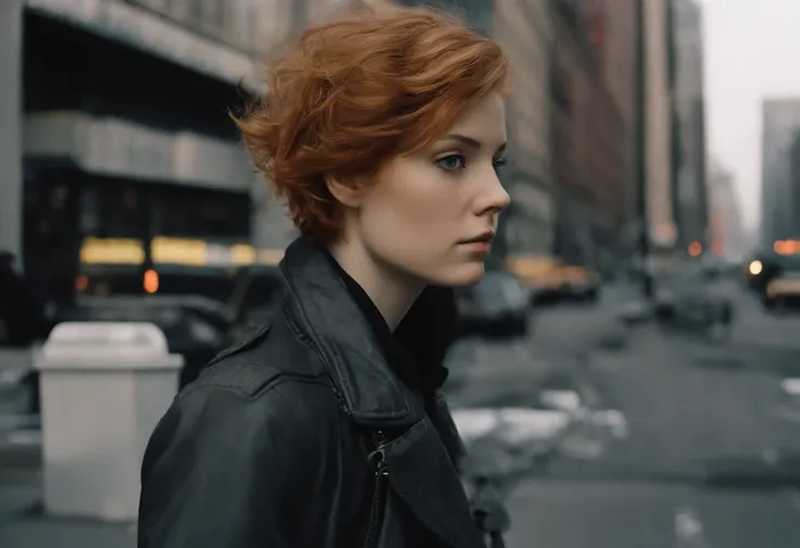 beautiful petite young woman, 28 year old, short ginger hair,floppy hair, cold, (investigative journalist:1,5), new york city, Photojournalism, 35mm, Kodak Gold 200, Depth of Field, Materiality