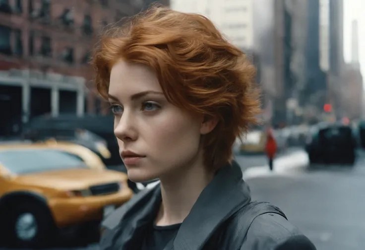 beautiful petite young woman, 28 year old, short ginger hair,floppy hair, cold, (investigative journalist:1,5), new york city, Photojournalism, 35mm, Kodak Gold 200, Depth of Field, Materiality