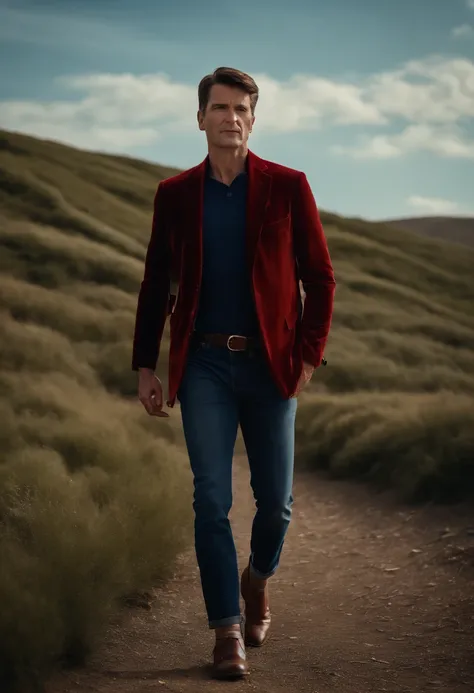 A handsom man in red, the style of patrick demarchelier. wearing a red velvet jacket and blue jeans , Tall and fit, (40 years old:1.1), (shaven:1.2), (short brown wave hair:1.5),(very short hair:1.6). in the style of ethereal beauty, realistic blue skies, ...