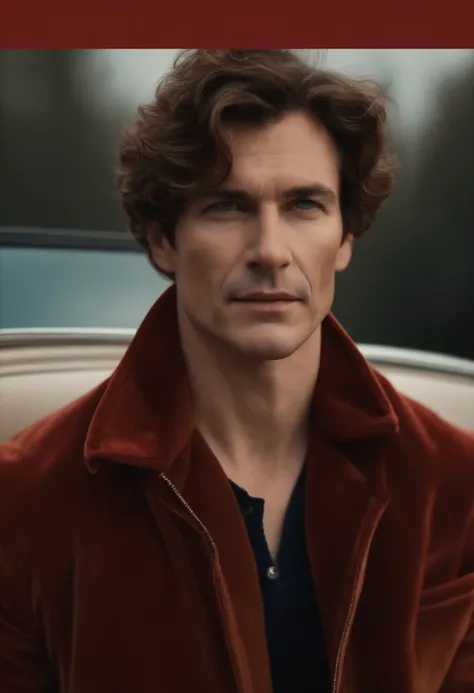 A handsom man in red, the style of patrick demarchelier. wearing a red velvet jacket and blue jeans , Tall and fit, (40 years old:1.1), (shaven:1.2), (short brown wave hair:1.5),(very short hair:1.6). in the style of ethereal beauty, realistic blue skies, ...