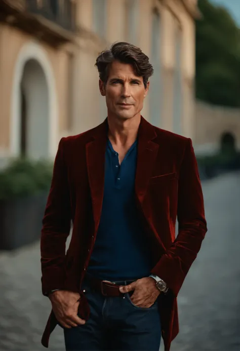 Un homme en rouge, Le style de Patrick Demarchelier. Dressed in a red velvet jacket and blue jeans , Grand et en forme, (40 ans:1.1), (shaven:1.2), (short brown wavy hair:1.5),(very short hair:1.6). in the style of ethereal beauty, Realistic blue sky, Hass...