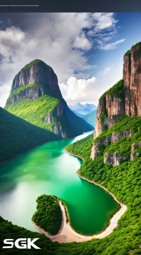 Masterpiece, ultimate quality, Cg unity 8k wallpaper, super delicate, beautiful sky and clouds, rich natural scenery, cliffs, lakes and rivers, waterfalls and flying water, beautiful green mountains, no trace of people, excellent scenery, has already won a...